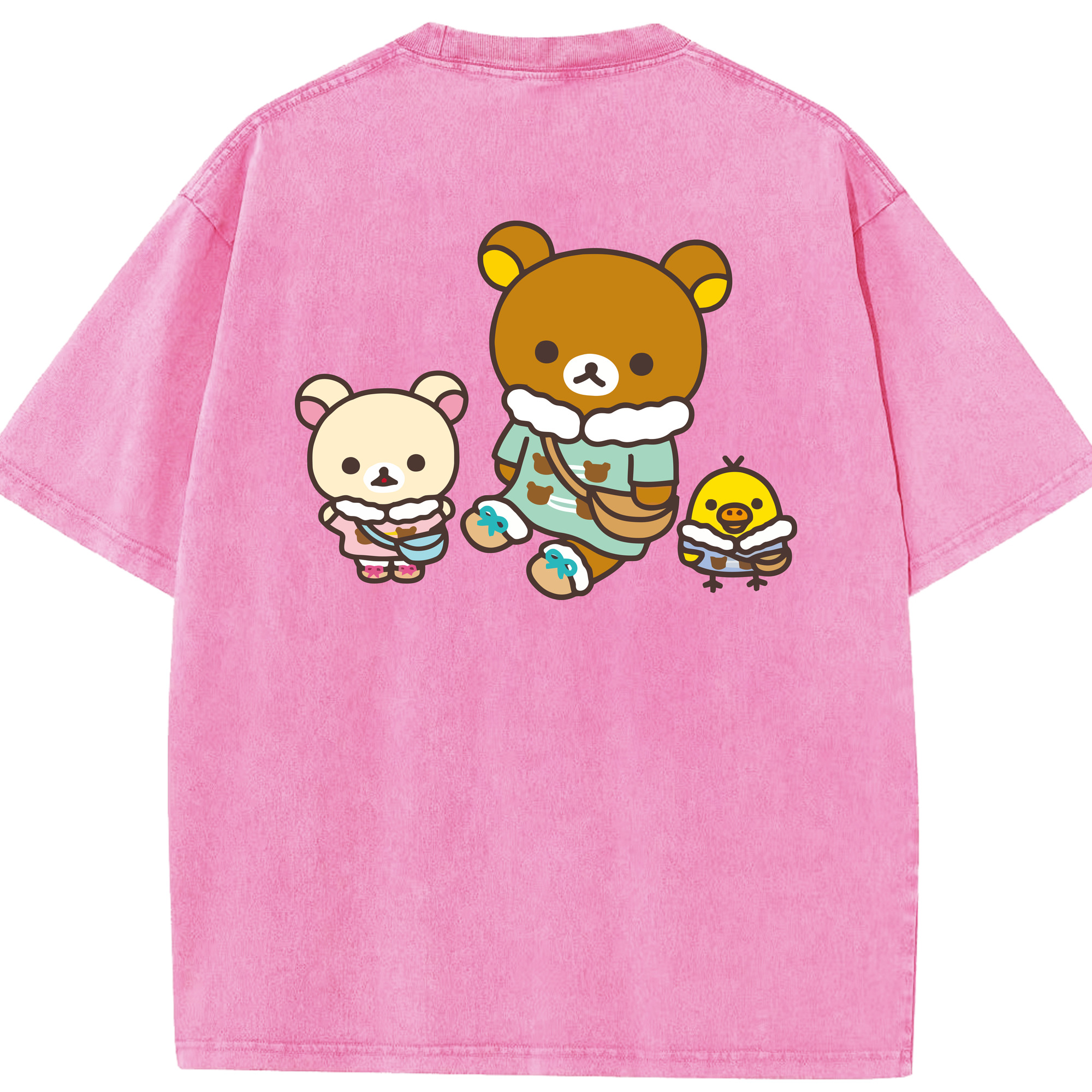 （画像用） リラックマ リラックマ キイロイトリ Rilakkuma Korilakkuma Kiiroitori 綿100% ヴィンテージ風 半袖Tシャツ（背面プリント）
